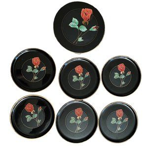 Vintage Otagiri Japan Lacquerware Set of 6 Red Rose Coasters in Matching Box